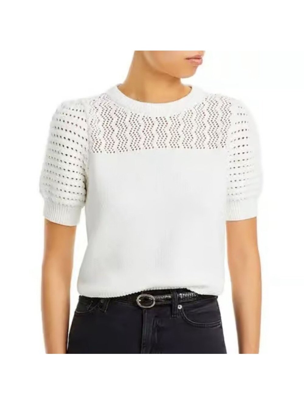 AQUA Crochet Pointelle Puff Sleeve Sweater White Knit Top